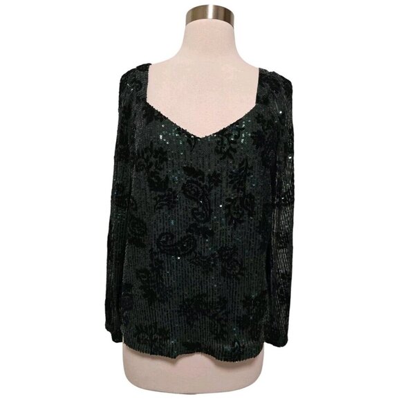 Loft Ann Taylor Womens Sequins All Over Blouse Size Small Green Long Sleeve - Picture 2 of 7